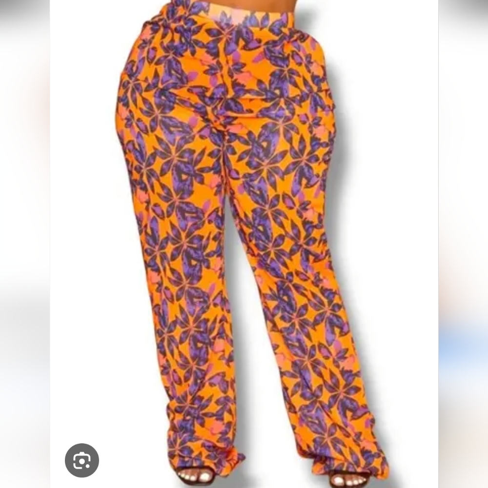 Pretty Little Thing Sheer Pants Beach Swimwear Orange & Purple Floral Size 22
